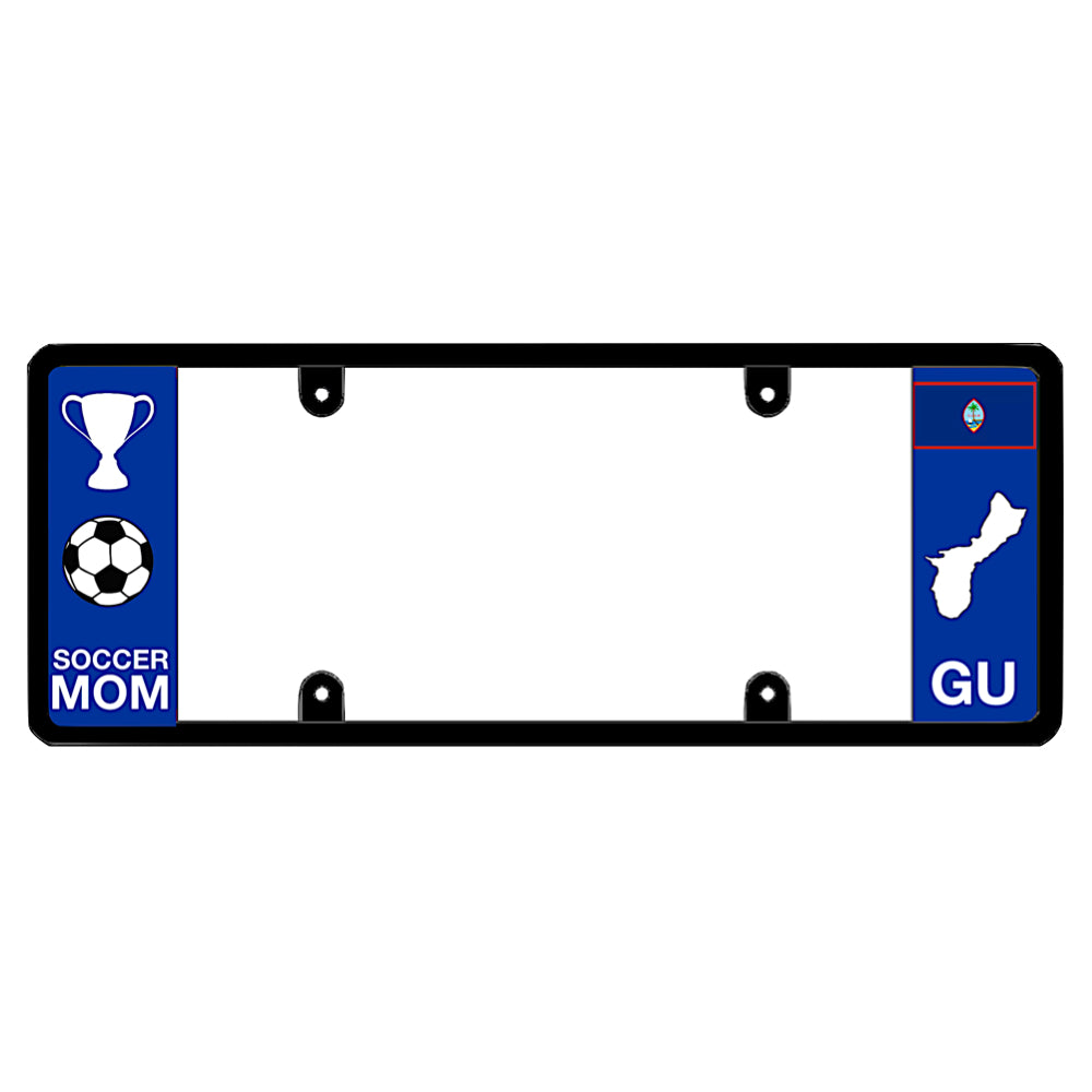 License plate frame with a soccer mom graphic on the left and a Guam flag on the right by DFS Brands.