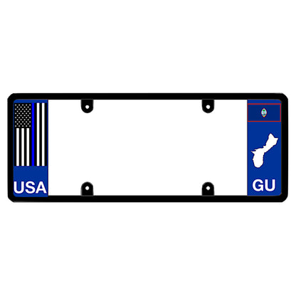 License plate frame with a thin blue line flag on the left and a Guam flag on the right by DFS Brands.