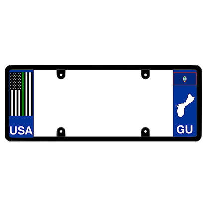 License plate frame with a thin green line flag on the left and a Guam flag on the right by DFS Brands.