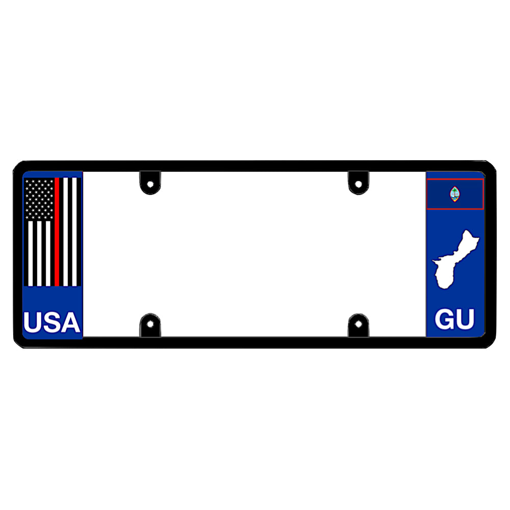 License plate frame with a thin red line flag on the left and a Guam flag on the right by DFS Brands.