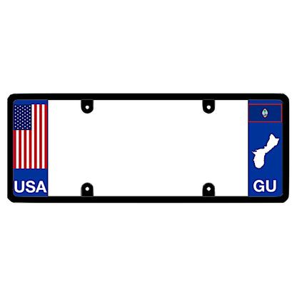 License plate frame with a USA flag graphic on the left and a Guam flag on the right by DFS Brands.