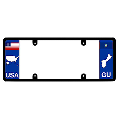 License plate frame with a USA map graphic on the left and a Guam flag on the right by DFS Brands.