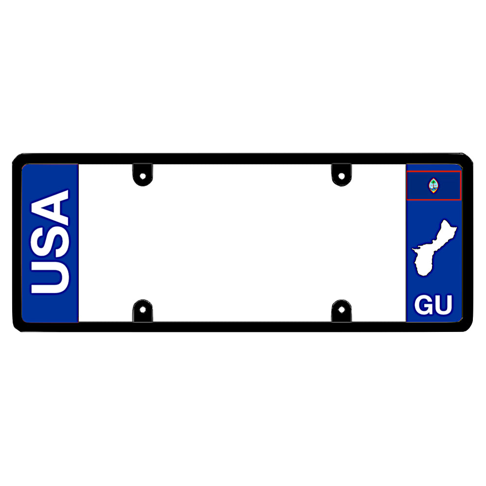 License plate frame with bold vertical USA text on the left and a Guam flag on the right by DFS Brands.