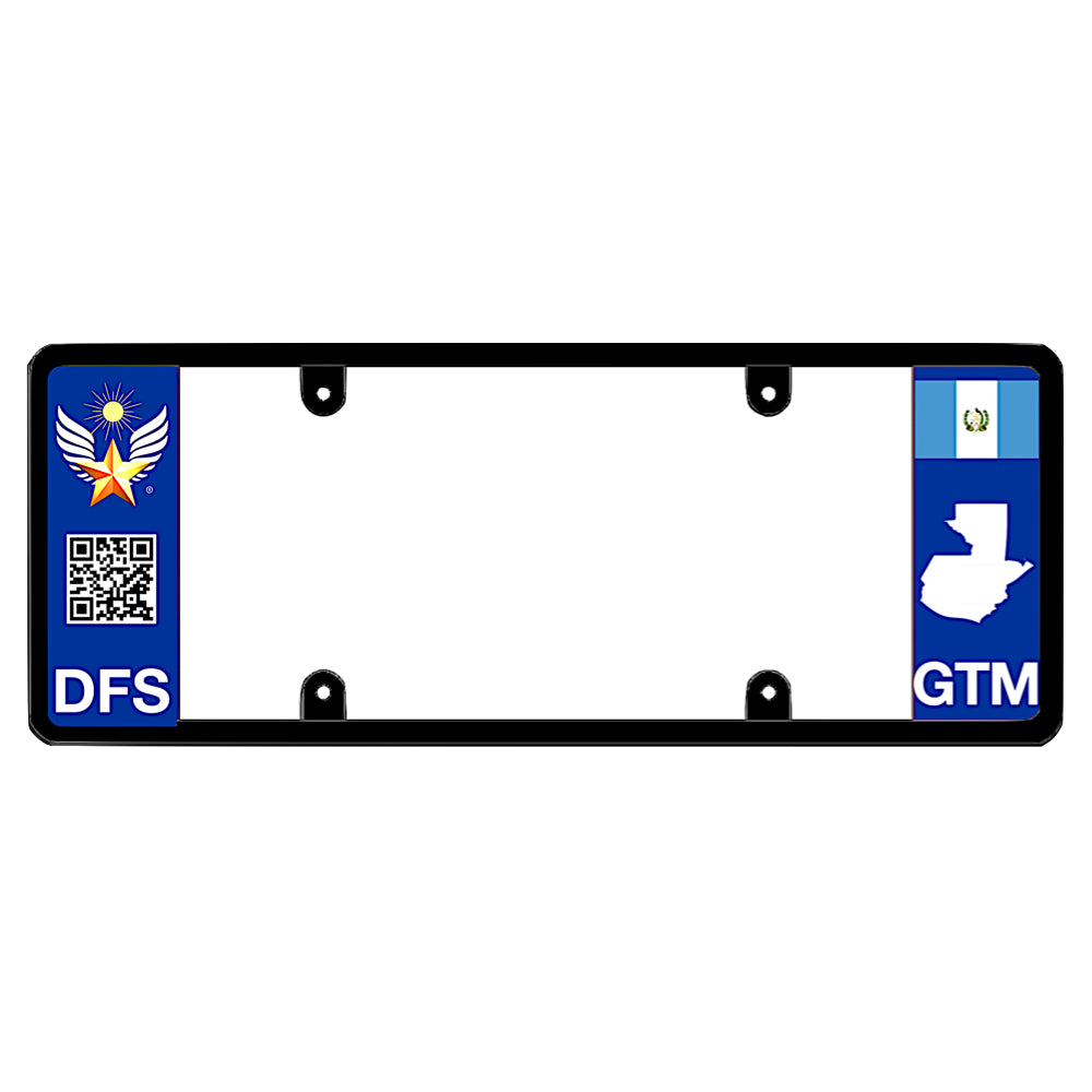 License plate frame with a scan QR code panel on the left and a Guatemala flag on the right by DFS Brands.