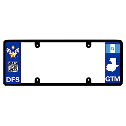 License plate frame with a scan QR code panel on the left and a Guatemala flag on the right by DFS Brands.
