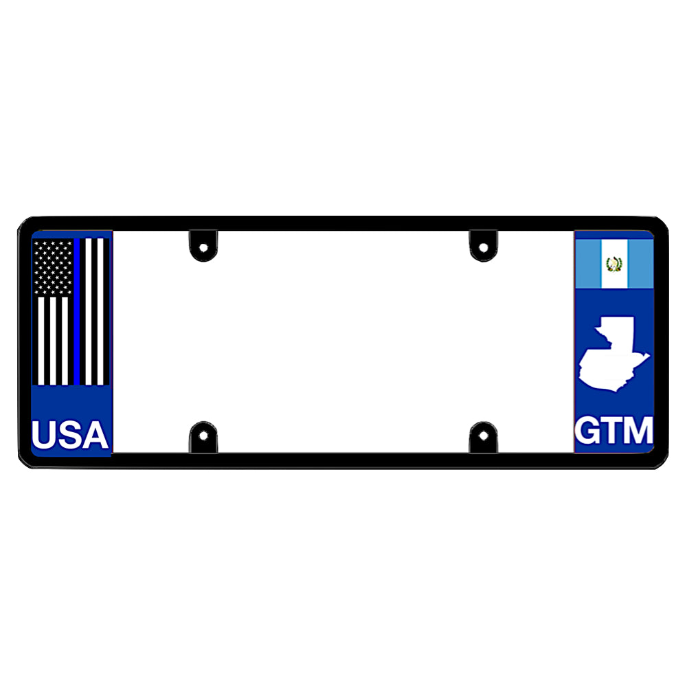 License plate frame with a thin blue line flag on the left and a Guatemala flag on the right by DFS Brands.