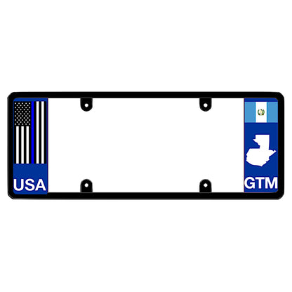 License plate frame with a thin blue line flag on the left and a Guatemala flag on the right by DFS Brands.