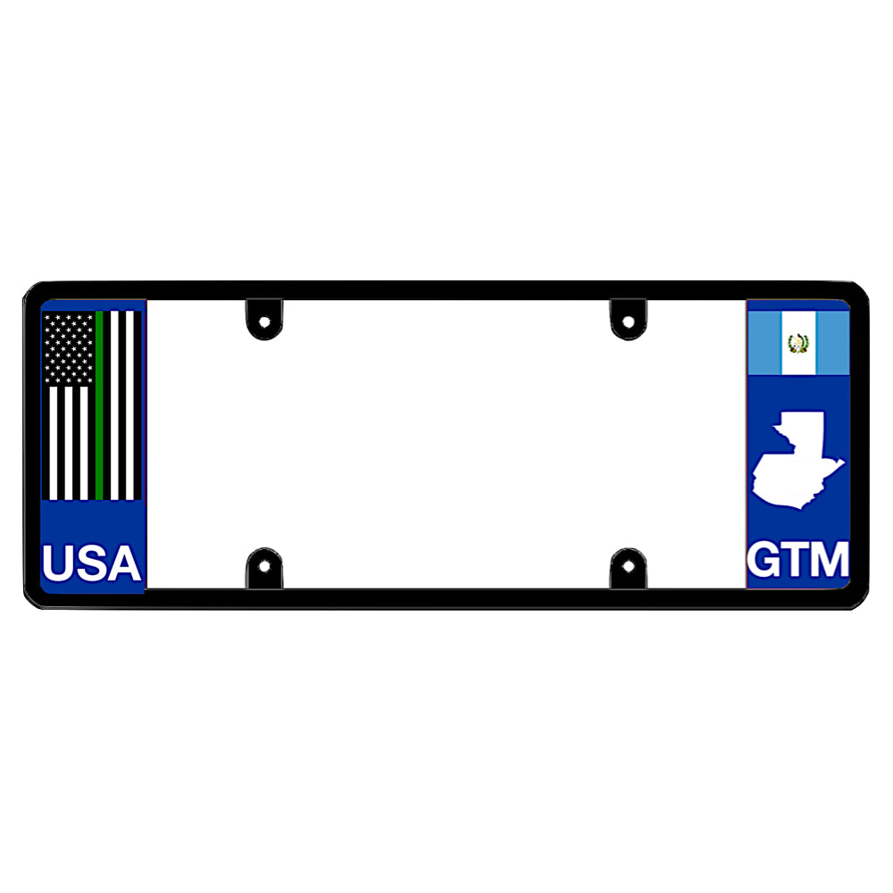 License plate frame with a thin green line flag on the left and a Guatemala flag on the right by DFS Brands.