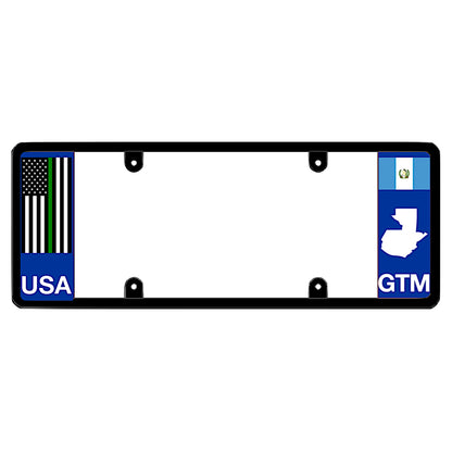 License plate frame with a thin green line flag on the left and a Guatemala flag on the right by DFS Brands.
