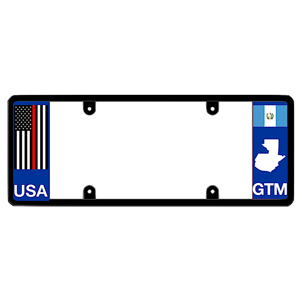 License plate frame with a thin red line flag on the left and a Guatemala flag on the right by DFS Brands.