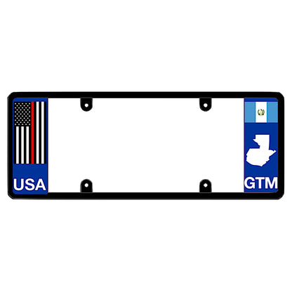 License plate frame with a thin red line flag on the left and a Guatemala flag on the right by DFS Brands.