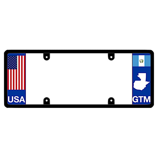 Guatemala patented license plate frame holder with a design that includes the American flag and the Guatemalan flag, along with the initials 'USA' and 'GTM'.
