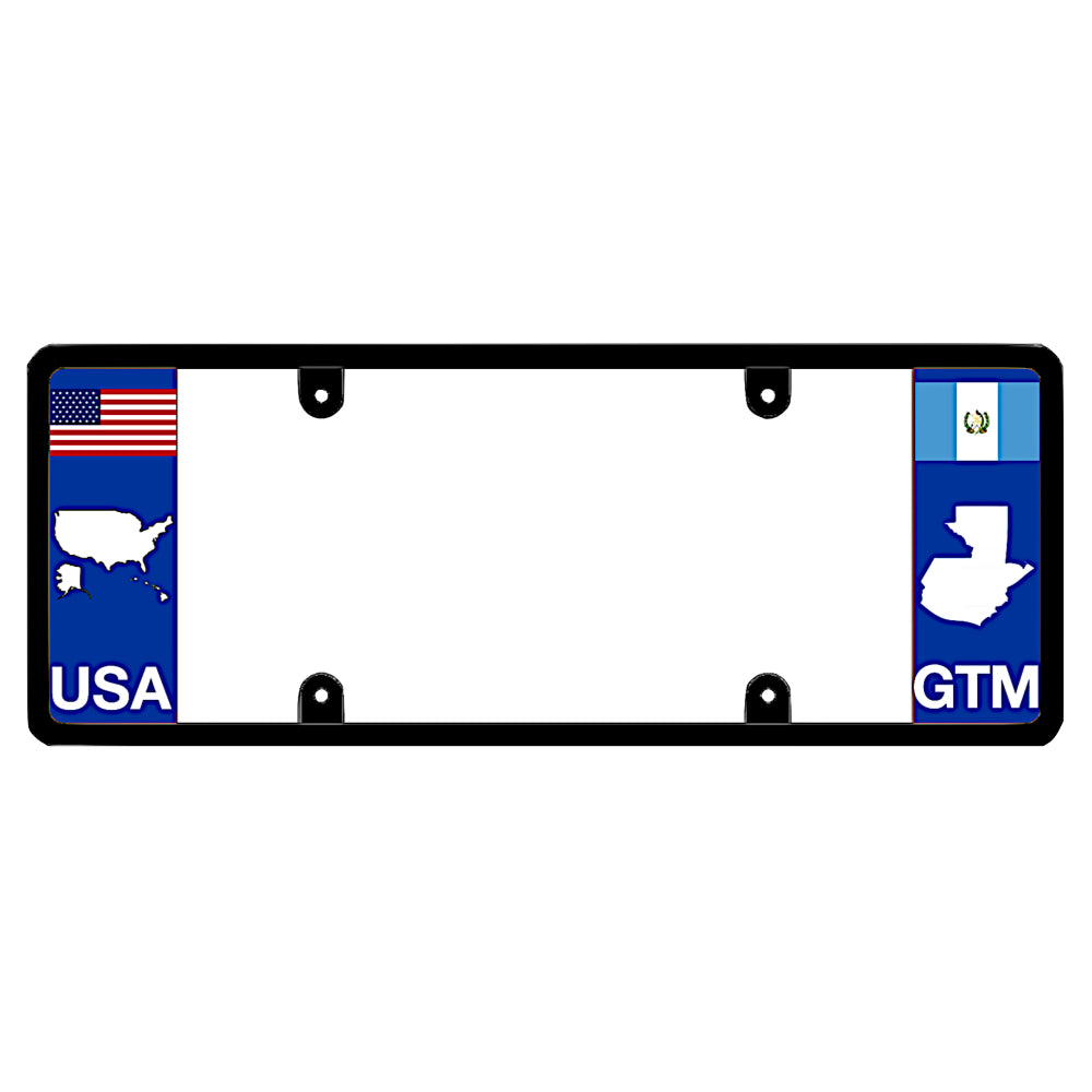 License plate frame with a USA map graphic on the left and a Guatemala flag on the right by DFS Brands.
