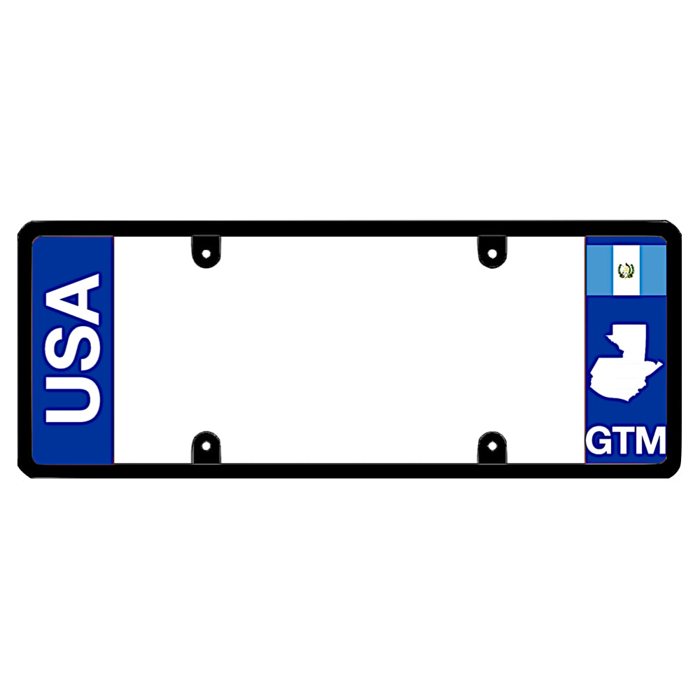 License plate frame with bold vertical USA text on the left and a Guatemala flag on the right by DFS Brands.