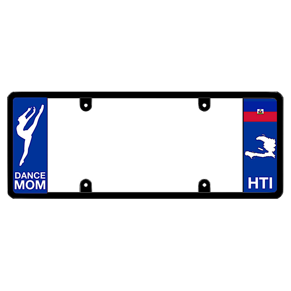 A dance mom themed black elongated Haiti license plate frame with a white dancer silhouette on the left and a Haitian flag, map silhouette, and HTI text on the right by DFS Brands.