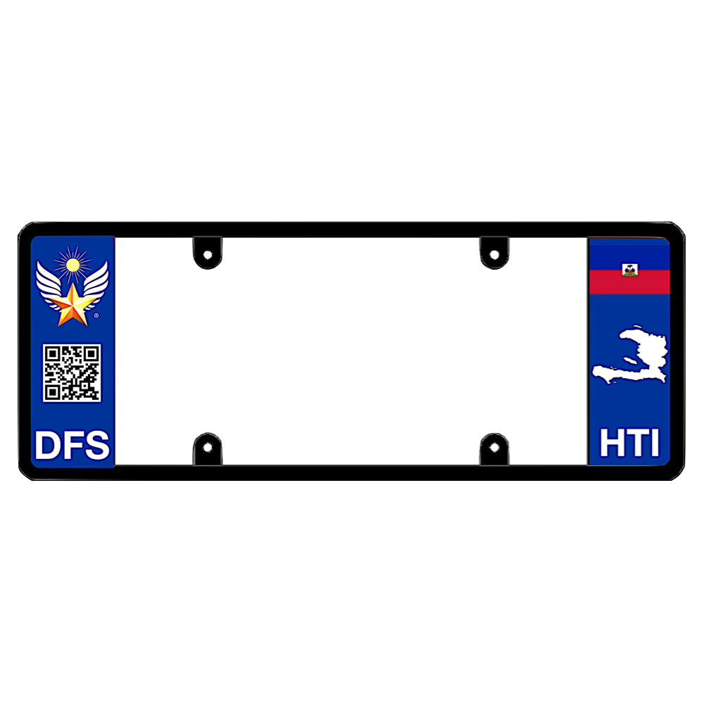 Official DFS Brands patented Haiti license plate frame with a scan QR code panel on the left and a Haitian flag, map silhouette, and HTI text on the right.