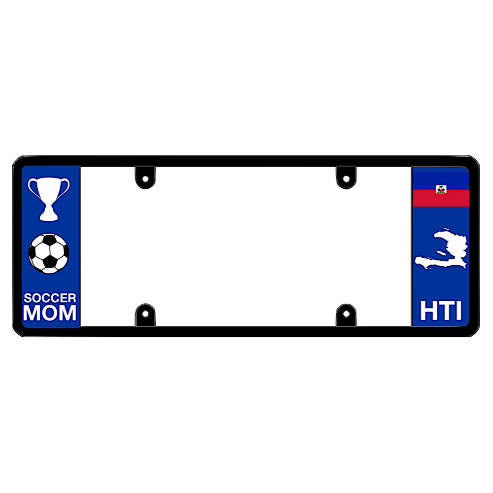 A black elongated Haitian license plate frame soccer mom themed featuring a soccer ball and trophy graphic on the left with a Haitian flag, map silhouette, and country graphics on the right by DFS Brands.