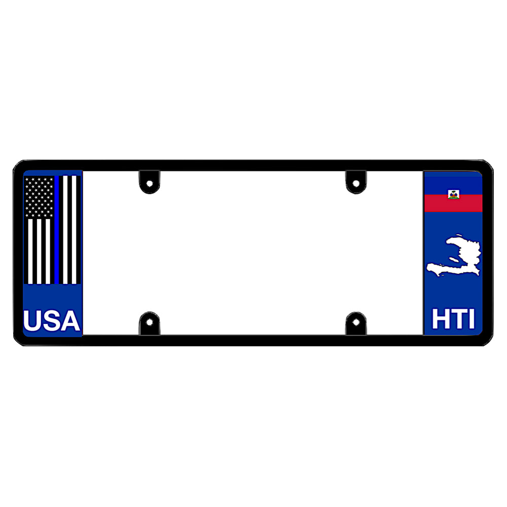 A black elongated Haiti license plate frame with a thin blue line law enforcement flag on the left and a Haitian flag, map silhouette, and HTI text on the right by DFS Brands.