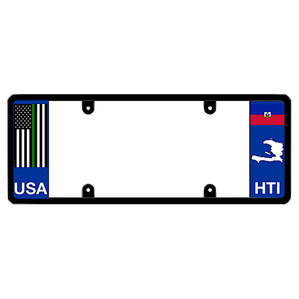 A black elongated Haiti license plate holder with a tactical thin green line flag on the left and a Haitian flag, map silhouette, and HTI text on the right by DFS Brands.
