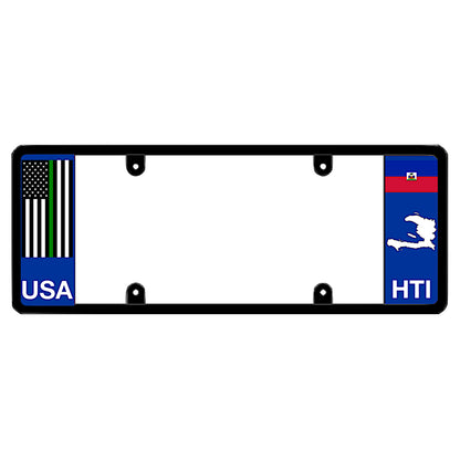 A black elongated Haiti license plate holder with a tactical thin green line flag on the left and a Haitian flag, map silhouette, and HTI text on the right by DFS Brands.