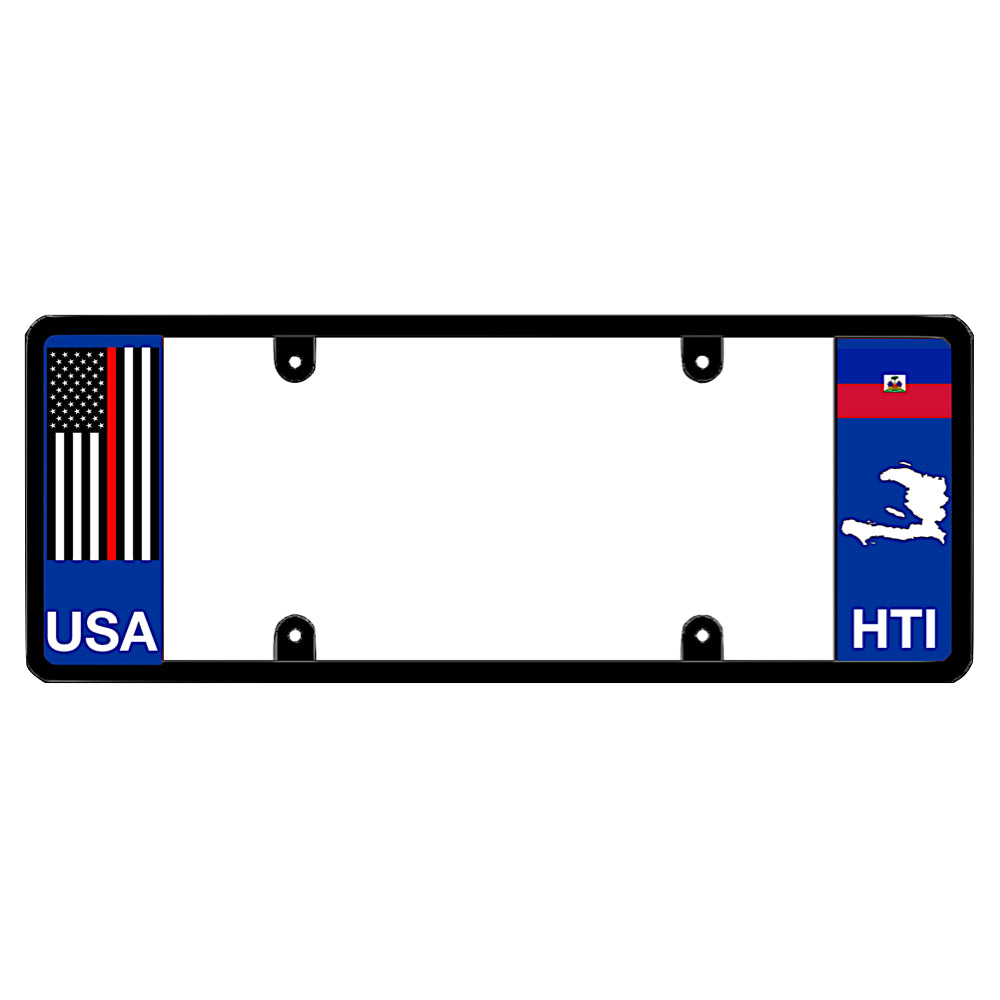A black elongated Haiti license plate frame featuring a thin red line firefighter flag on the left and a Haitian flag, map silhouette, and HTI text on the right by DFS Brands.