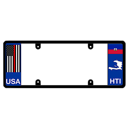 A black elongated Haiti license plate frame featuring a thin red line firefighter flag on the left and a Haitian flag, map silhouette, and HTI text on the right by DFS Brands.