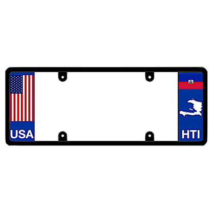 A black elongated Haiti license plate frame featuring a USA flag on the left and a Haitian flag, map silhouette, and HTI text on the right by DFS Brands.