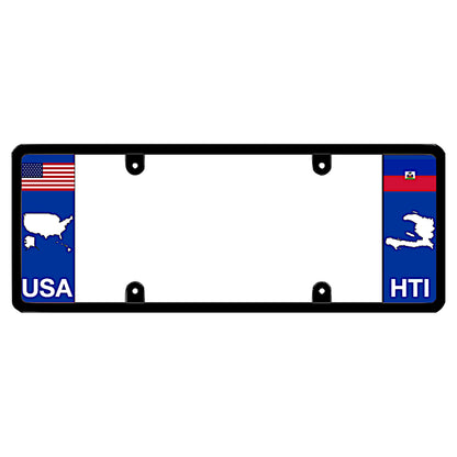 A black elongated Haiti car tag holder displaying a USA map outline on the left and a Haitian flag, map silhouette, and HTI text on the right by DFS Brands.