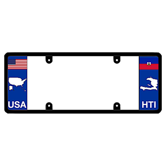 Car license plate frame with USA and Haiti flags on a white background