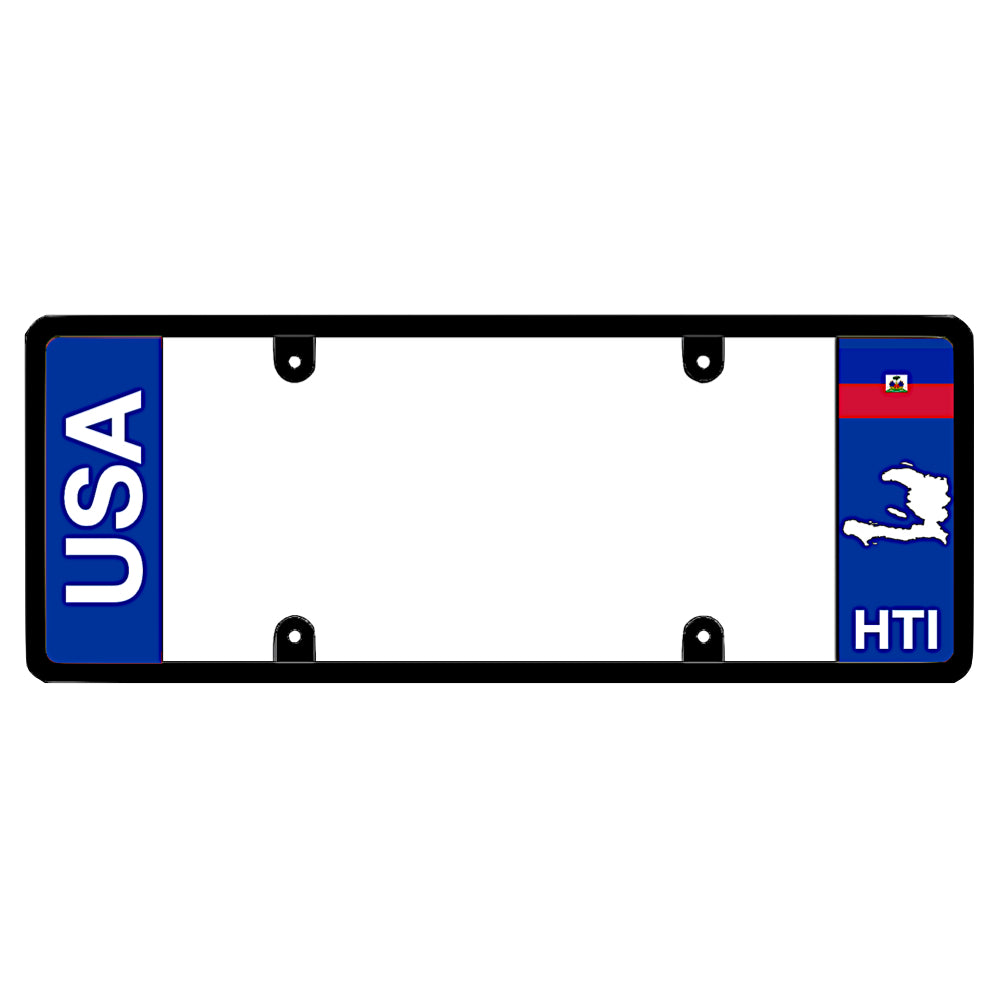 A black elongated Haiti license plate frame showing clean bold vertical USA text on the left and a Haitian flag, map silhouette, and HTI text on the right by DFS Brands.
