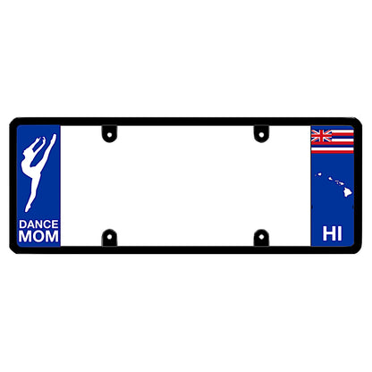 Hawaii license plate frame by DFS featuring a patented elongated design with a dancer silhouette and "DANCE MOM" text on the left wing, alongside the Hawaii state flag, HI text, and Hawaii islands map outline on the right