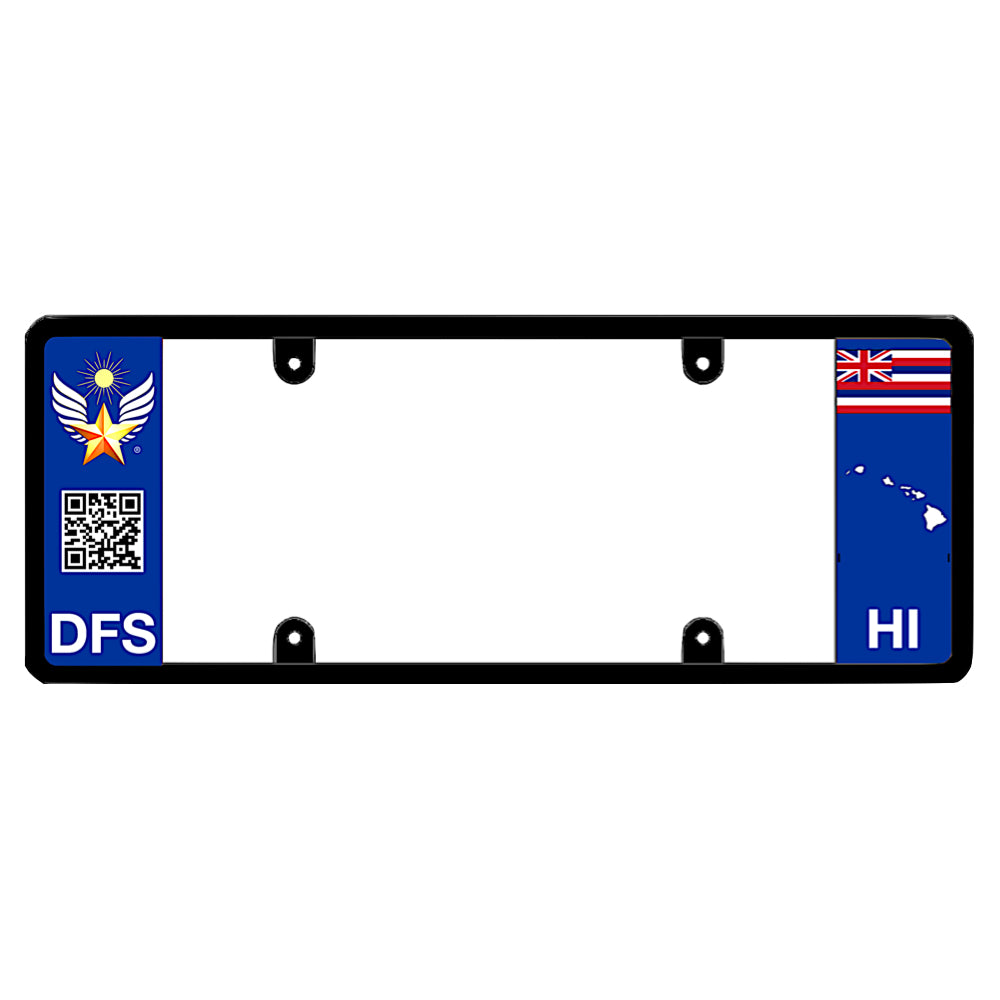 Hawaii license plate frame by DFS featuring a patented elongated design with the official DFS logo, a scannable QR code, and DFS text on the left wing, alongside the Hawaii state flag, HI text, and Hawaii islands map outline on the right. DFS official license frame of America to drive your identity