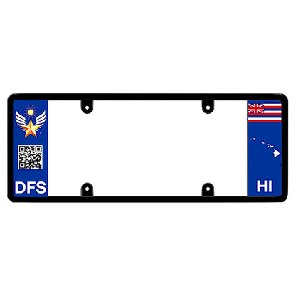 Hawaii license plate frame by DFS featuring a patented elongated design with the official DFS logo, a scannable QR code, and DFS text on the left wing, alongside the Hawaii state flag, HI text, and Hawaii islands map outline on the right. DFS official license frame of America to drive your identity