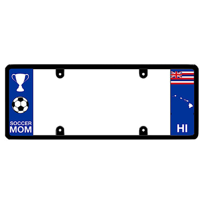 Hawaii license plate frame by DFS featuring a patented elongated design with a soccer ball, trophy, and "SOCCER MOM" text on the left wing, alongside the Hawaii state flag, HI text, and Hawaii islands map outline on the right