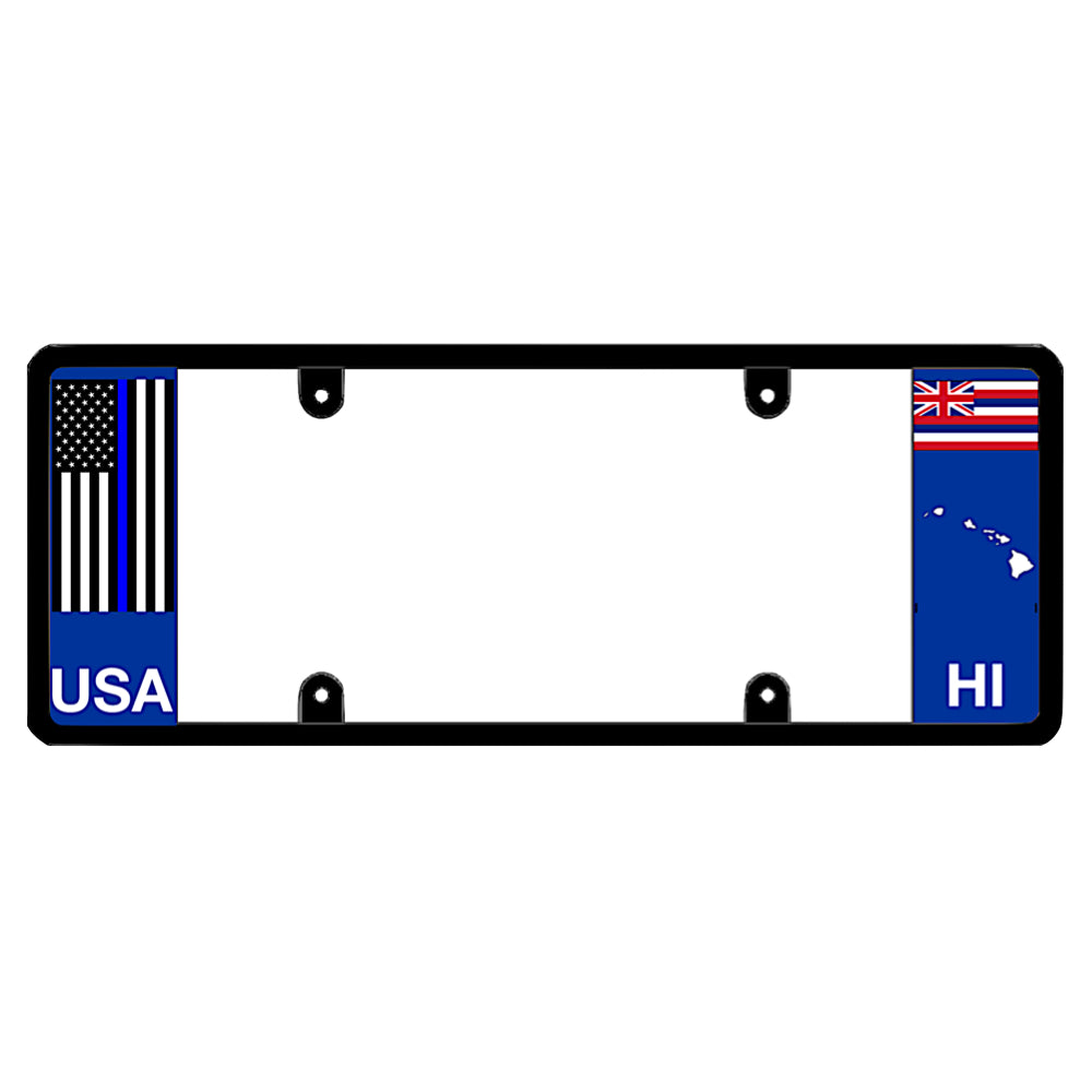 Hawaiian police license plate frame by DFS featuring a patented elongated design with a thin blue line USA flag on the left wing, alongside the Hawaii state flag, HI text, and Hawaii islands map outline on the right