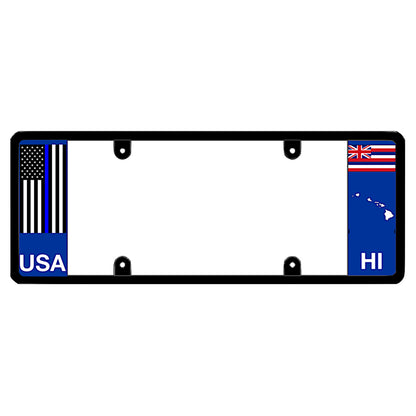 Hawaiian police license plate frame by DFS featuring a patented elongated design with a thin blue line USA flag on the left wing, alongside the Hawaii state flag, HI text, and Hawaii islands map outline on the right