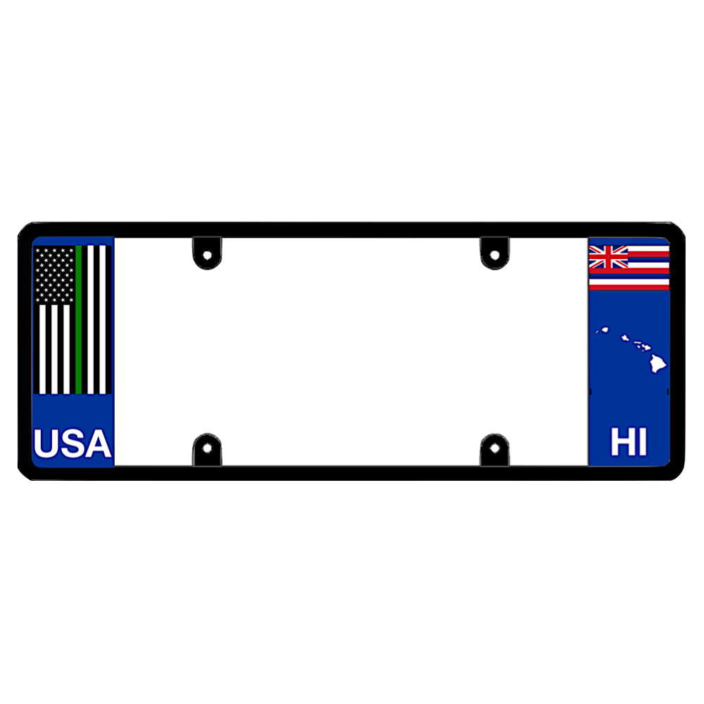 Hawaii license plate frame by DFS featuring a patented elongated design with a thin green line USA flag on the left wing, alongside the Hawaii state flag, HI text, and Hawaii islands map outline on the right