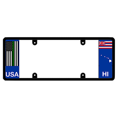 Hawaii license plate frame by DFS featuring a patented elongated design with a thin green line USA flag on the left wing, alongside the Hawaii state flag, HI text, and Hawaii islands map outline on the right
