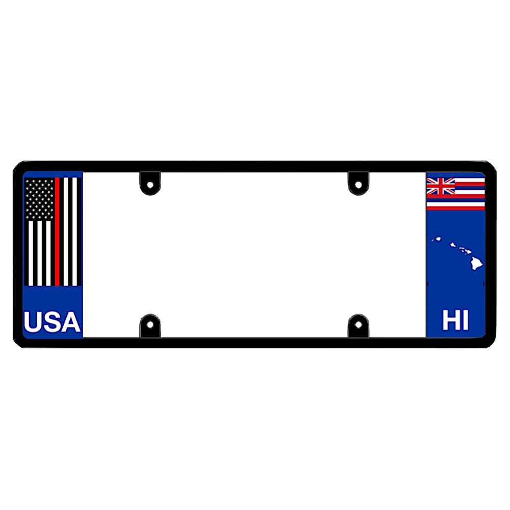 Hawaii license plate frame by DFS featuring a patented elongated design with a thin red line USA flag on the left wing, alongside the Hawaii state flag, HI text, and Hawaii islands map outline on the right