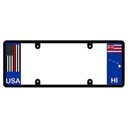 Hawaii license plate frame by DFS featuring a patented elongated design with a thin red line USA flag on the left wing, alongside the Hawaii state flag, HI text, and Hawaii islands map outline on the right