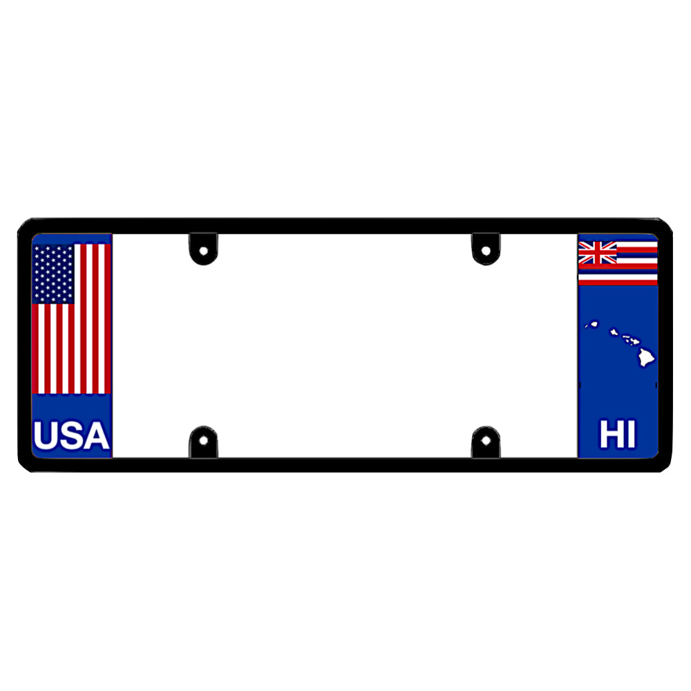 Hawaii license plate frame by DFS featuring a patented elongated design with a traditional full-color American flag and USA text on the left wing, alongside the Hawaii state flag, HI text, and Hawaii islands map outline on the right
