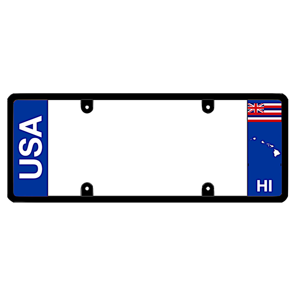 Hawaii license plate frame by DFS featuring a patented elongated design with large vertical USA text on the blue left wing, alongside the Hawaii state flag, HI text, and Hawaii islands map outline on the right