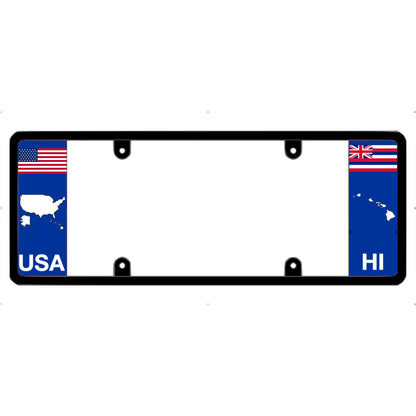 Hawaii license plate frame with USA and Hawaii flags on a white background