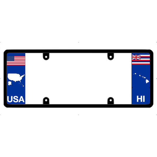 Hawaii license plate frame with USA and Hawaii flags on a white background