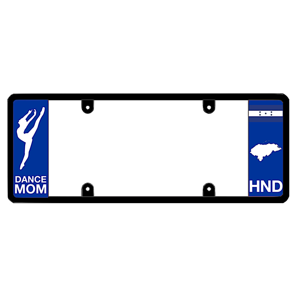 License plate frame with a dance mom graphic on the left and a Honduras flag on the right by DFS Brands.