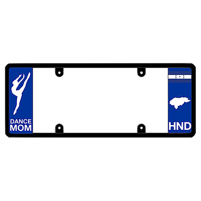 License plate frame with a dance mom graphic on the left and a Honduras flag on the right by DFS Brands.