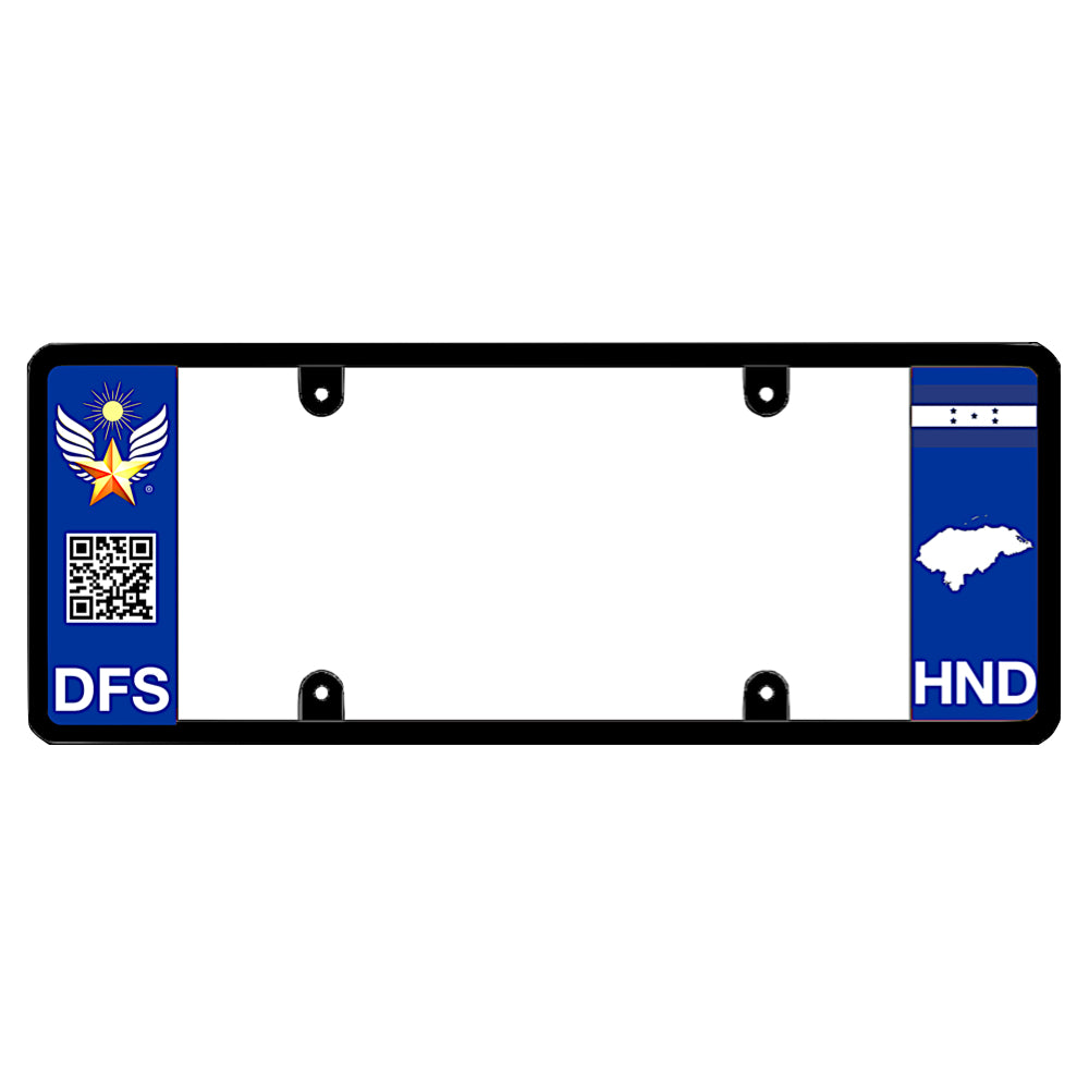 License plate frame with a scan QR code panel on the left and a Honduras flag on the right by DFS Brands.