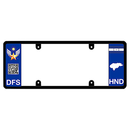 License plate frame with a scan QR code panel on the left and a Honduras flag on the right by DFS Brands.