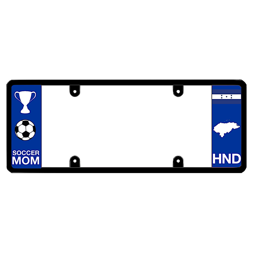 License plate frame with a soccer mom graphic on the left and a Honduras flag on the right by DFS Brands.