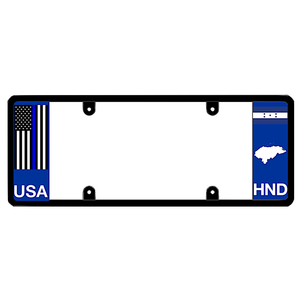 License plate frame with a thin blue line flag on the left and a Honduras flag on the right by DFS Brands.